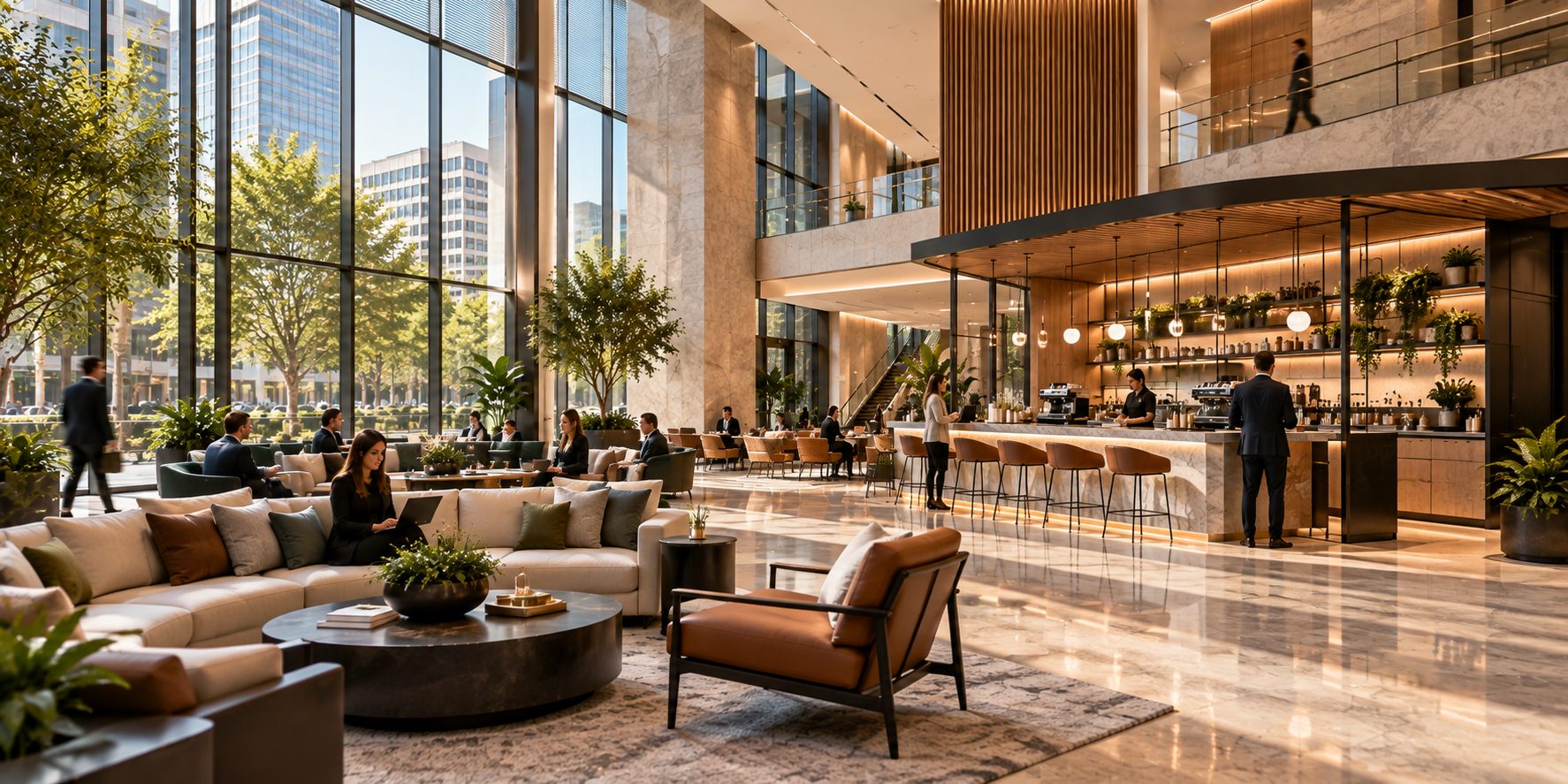Sunlit lobby of a Class A office building with lounge seating and a coffee bar